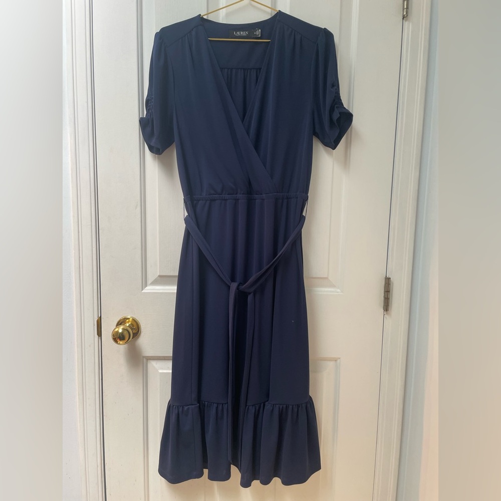 10 Ralph Lauren Navy Wrap-Style Midi Dress with Waist Tie